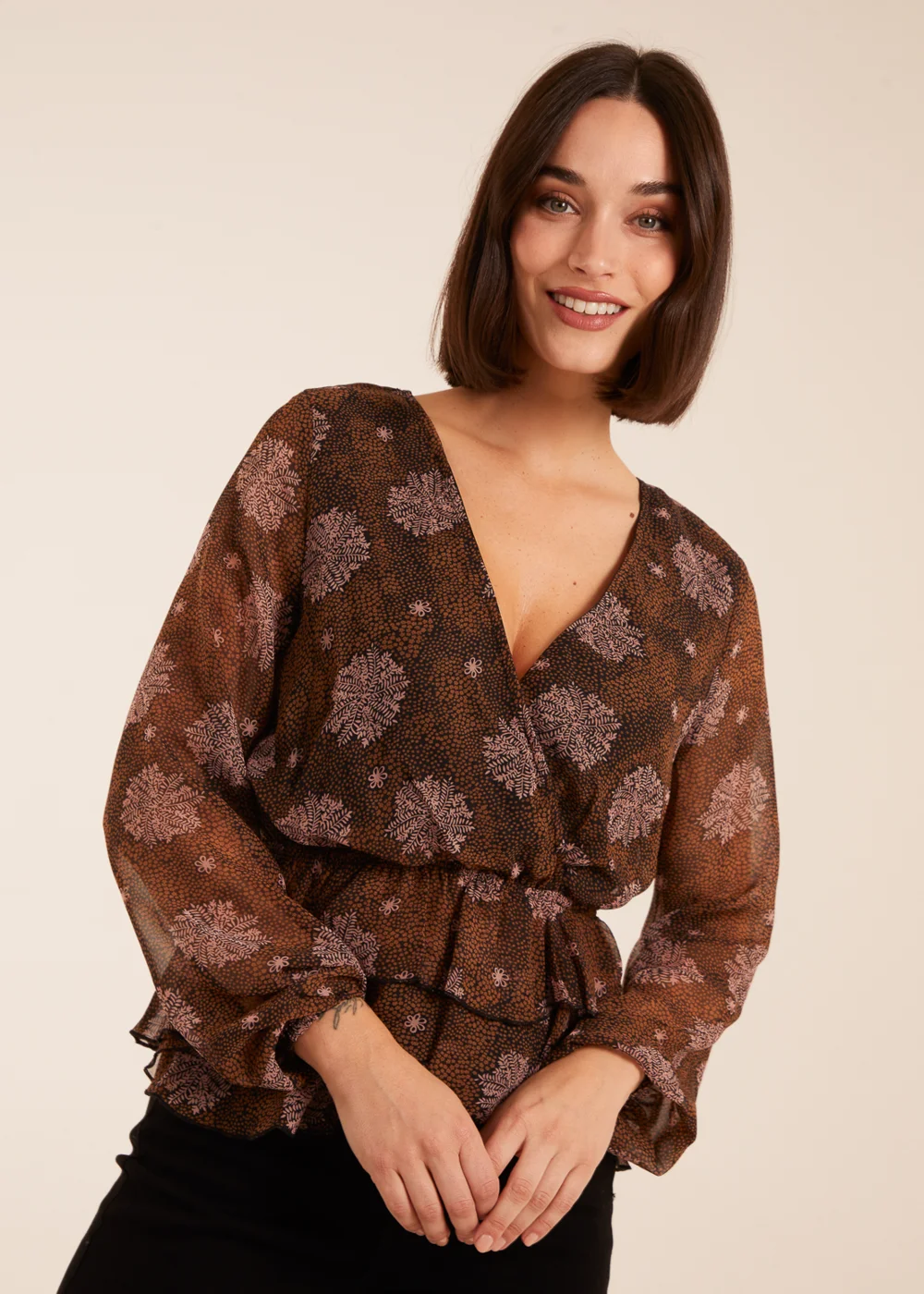 Blue Vanilla Brown Floral Ruffle Wrap Blouse - Size 10 Image 1