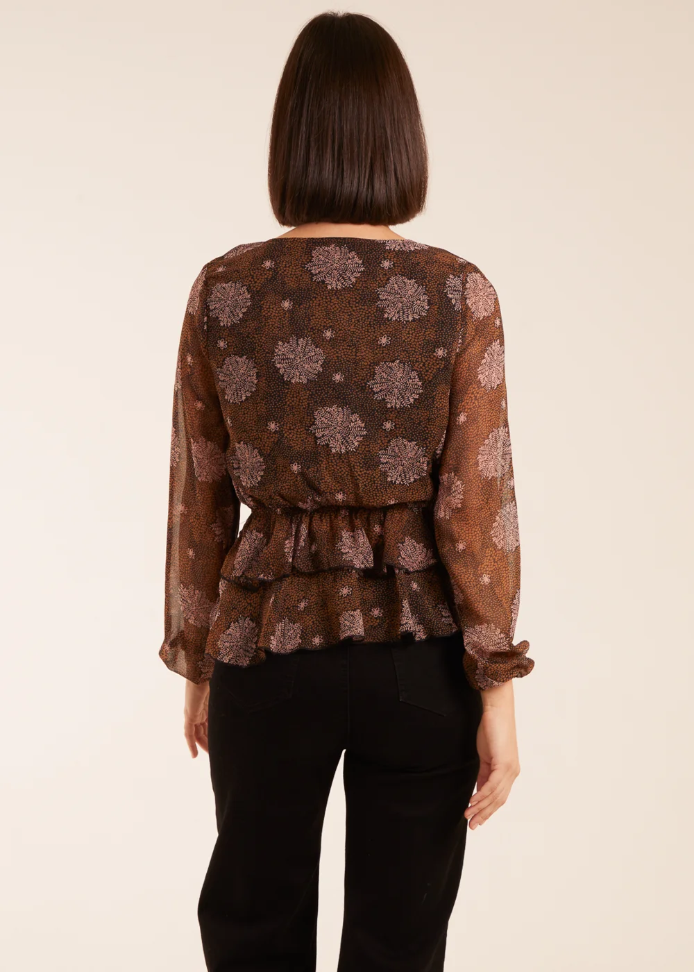 Blue Vanilla Brown Floral Ruffle Wrap Blouse - Size 10 Image 2