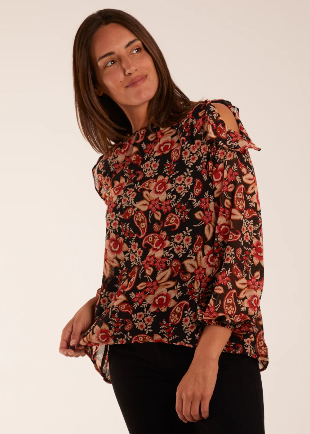 Blue Vanilla Black Pattern Cold Shoulder Frill Blouse - 10 Image 2