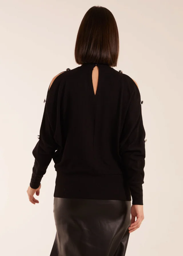 Blue Vanilla Black High Neck Heart Diamante Cold Shoulder Jumper