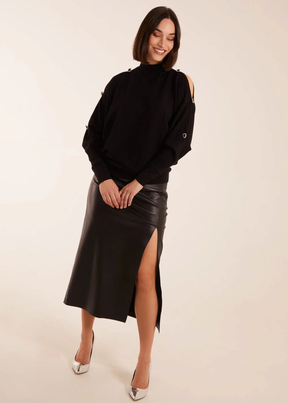Blue Vanilla Black High Neck Heart Diamante Cold Shoulder Jumper - M Image 1
