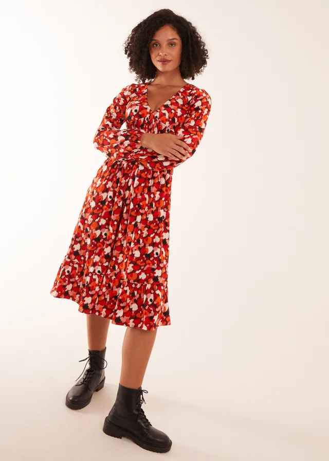 Blue Vanilla Rust V Neck Shirred Waist Midi Dress