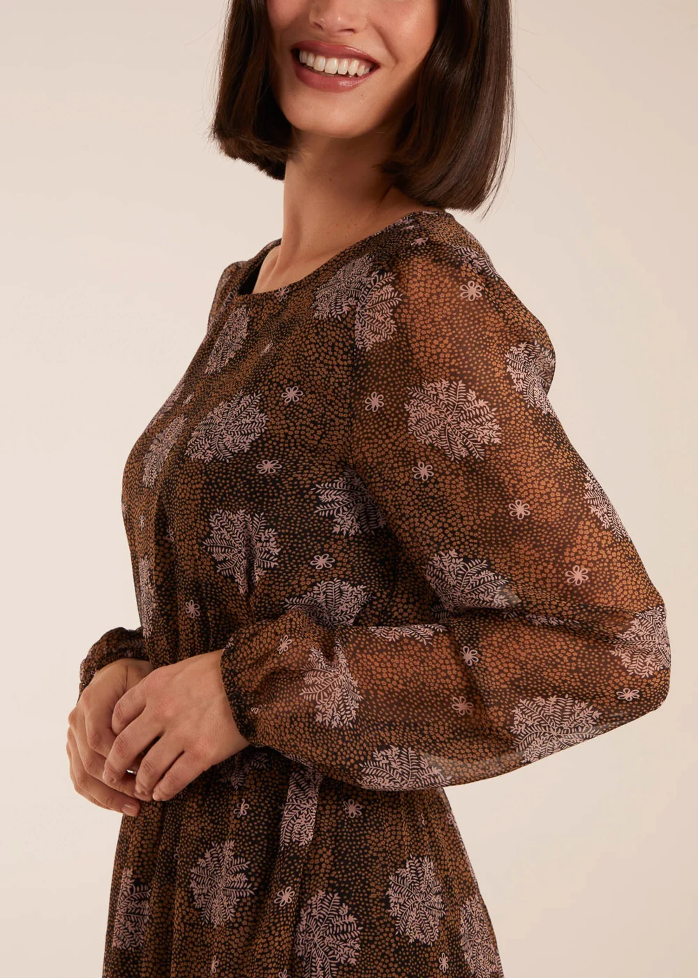 Blue Vanilla Brown Pattern Shirred Mini Dress - 10 Image 2