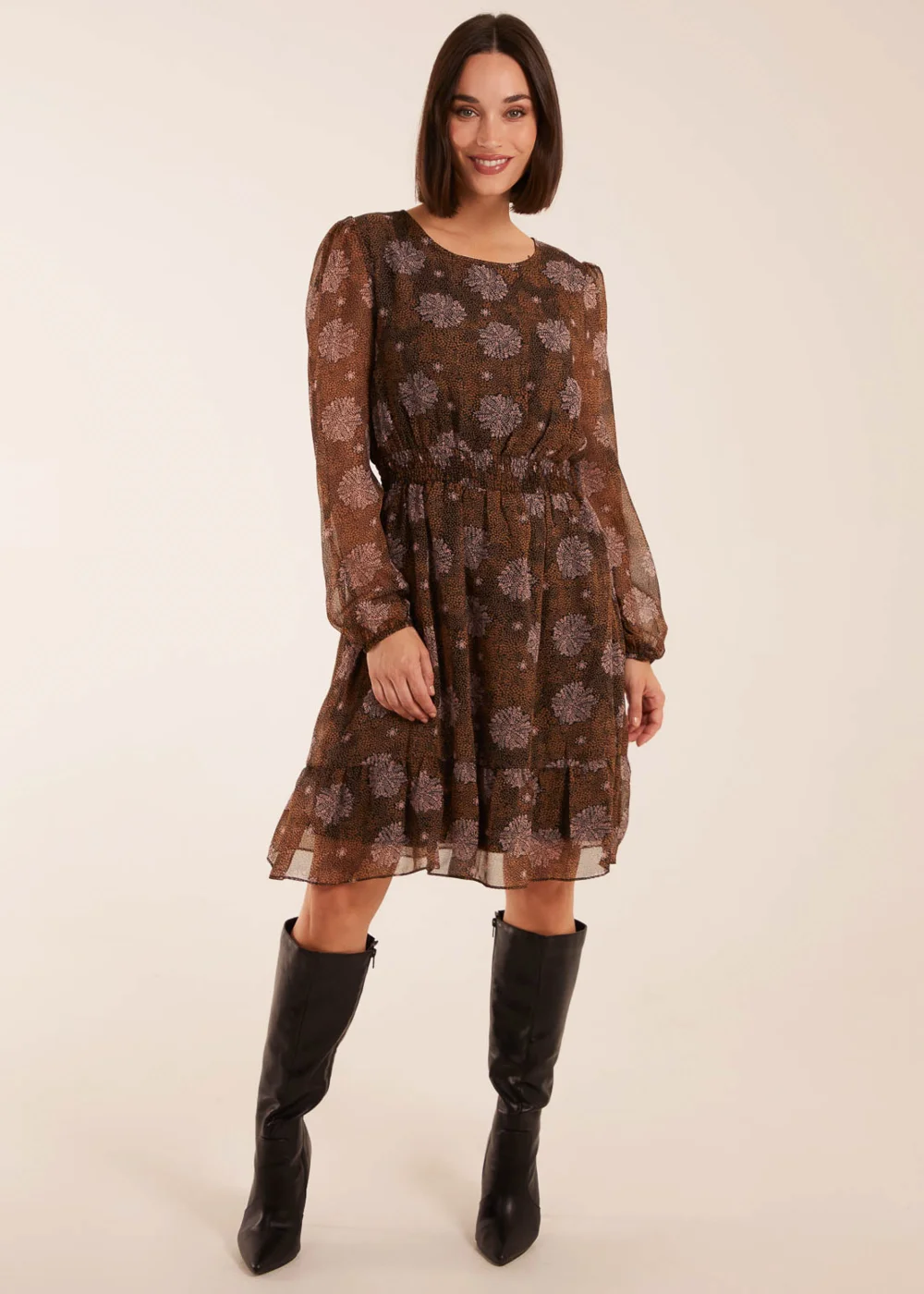 Blue Vanilla Brown Pattern Shirred Mini Dress - 8 Image 4