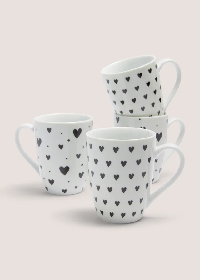 4 Pack White Heart Mugs