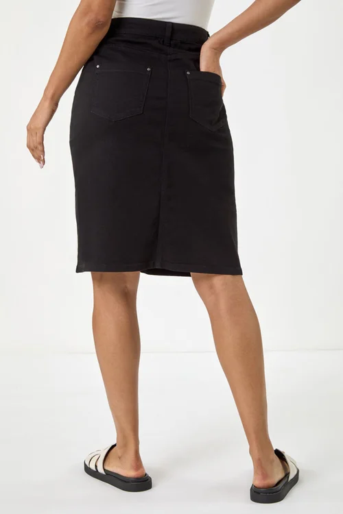 Roman Black Cotton Denim Stretch A line Skirt - Size 10 Image 4