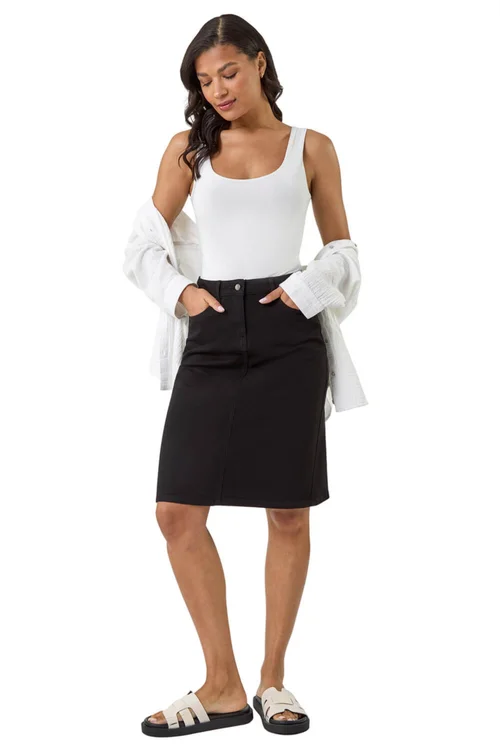 Roman Black Cotton Denim Stretch A line Skirt - Size 10 Image 2