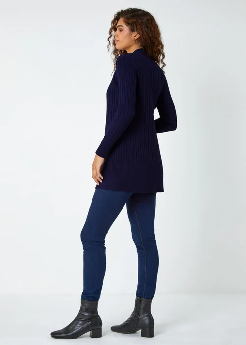 Roman Midnight Blue Longline Stretch Ribbed Cardigan - Size 10 Image 3