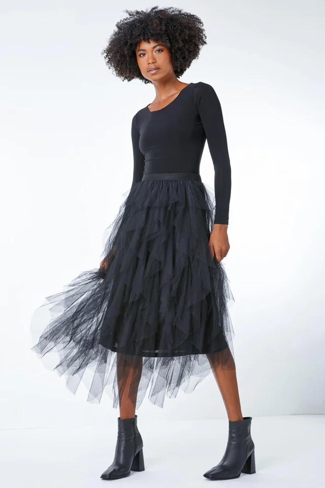Roman Black Elastic Waist Mesh Layered A Line Skirt
