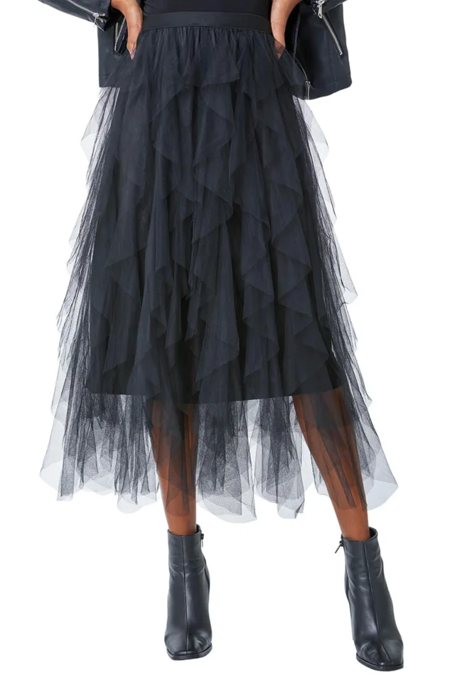 Roman Black Elastic Waist Mesh Layered A Line Skirt