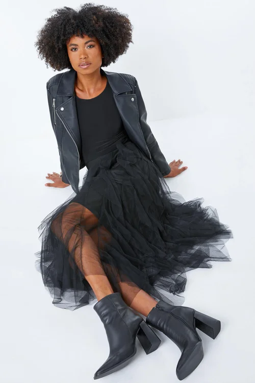Roman Black Elastic Waist Mesh Layered A Line Skirt - 12 Image 3