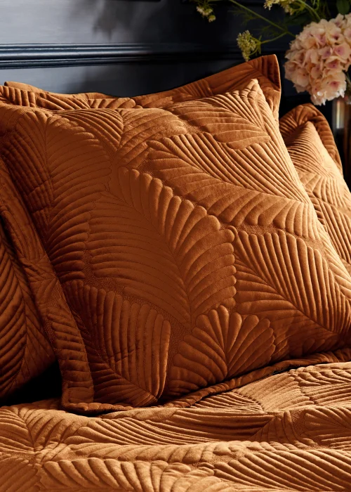 Paoletti Palmeria Quilted Velvet Duvet Cover Set Rust - Double Image 4
