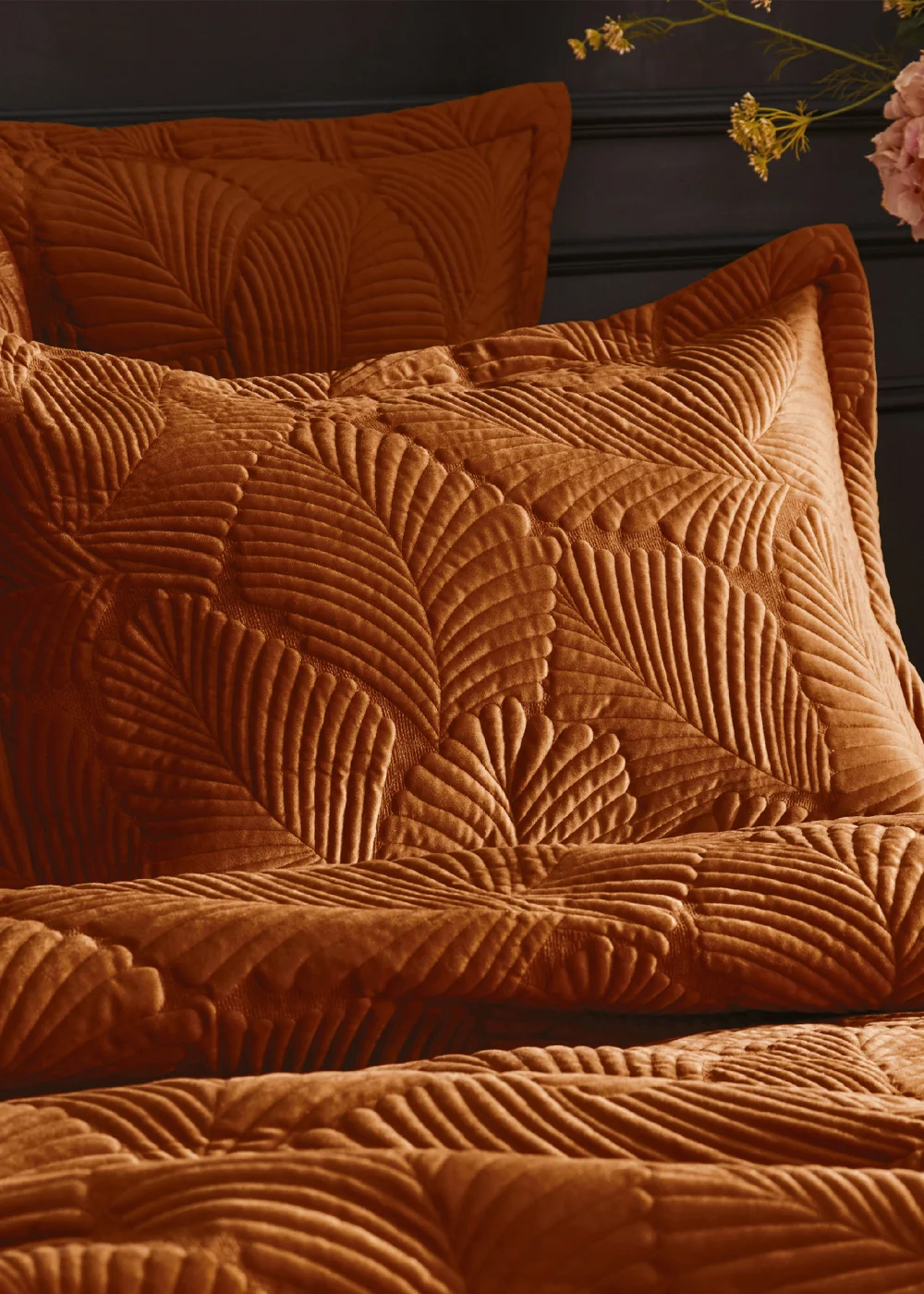 Paoletti Palmeria Quilted Velvet Duvet Cover Set Rust - Double Image 2