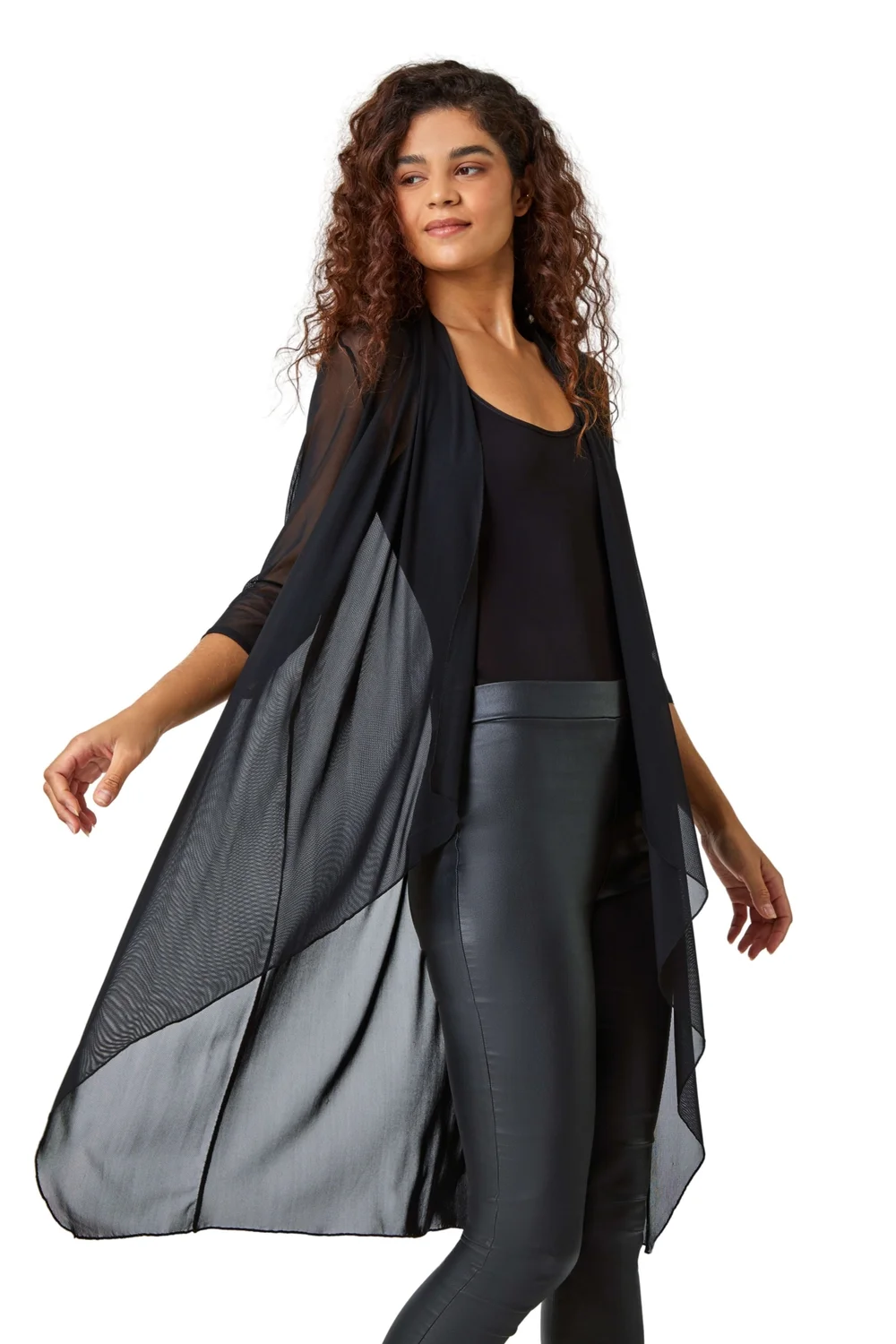 Roman Black 3/4 Sleeve Mesh Longline Kimono - Size 10 Image 2