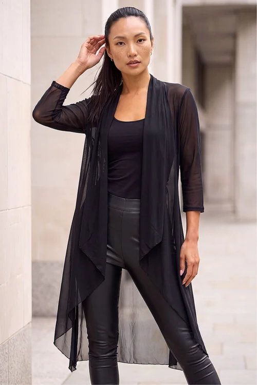 Roman Black 3/4 Sleeve Mesh Longline Kimono - 10 Image 1