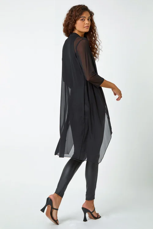 Roman Black 3/4 Sleeve Mesh Longline Kimono - Size 10 Image 4