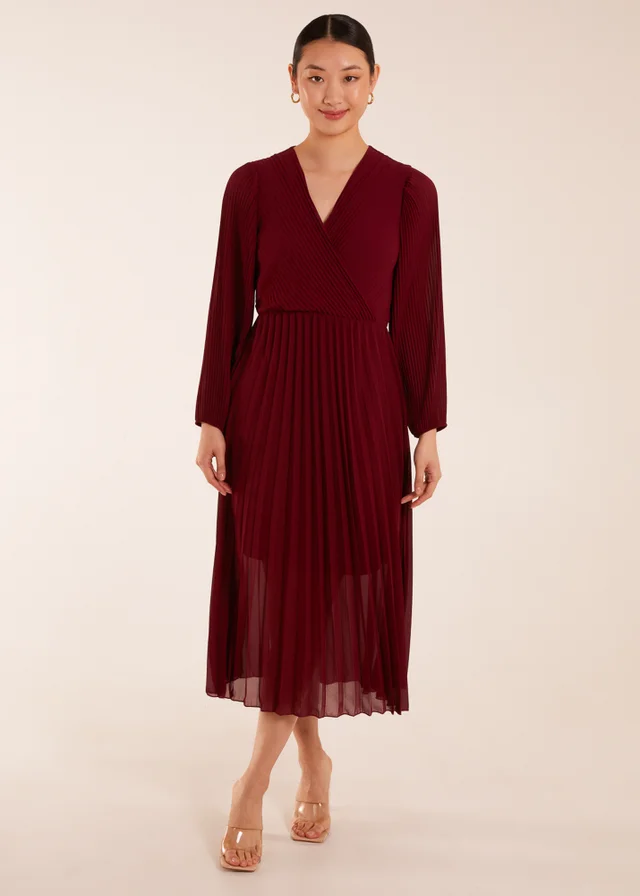 Blue Vanilla Red Wrap Front Pleated Maxi Dress