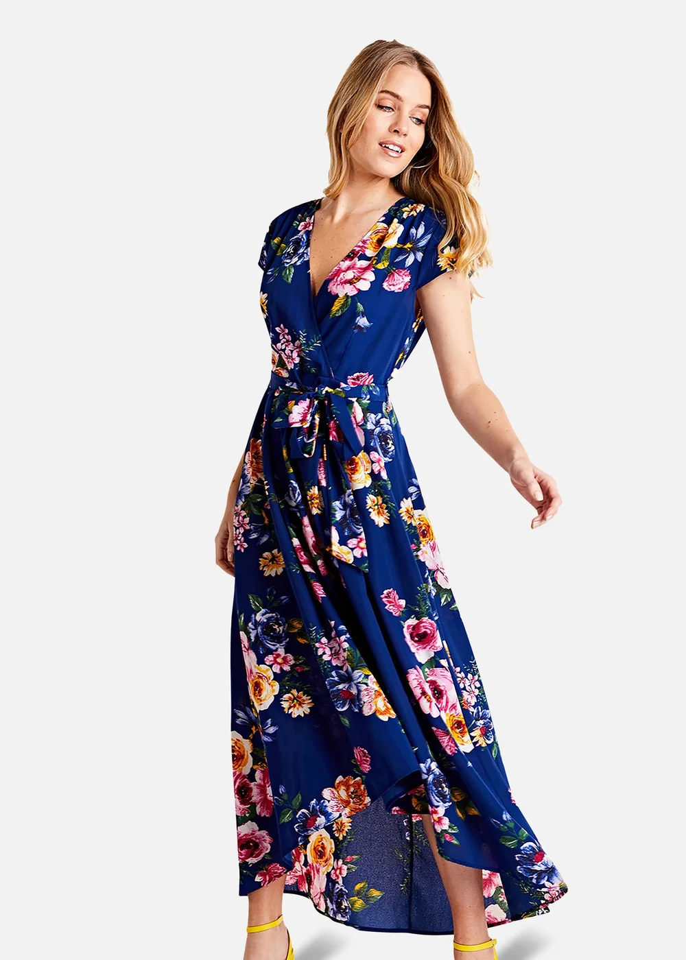 Mela Blue Floral Wrap Over Dipped Hem Midi Dress - 8 Image 2