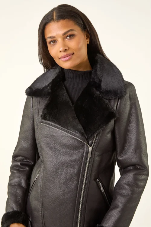 Roman Black Faux Fur Aviator Jacket - 16 Image 4