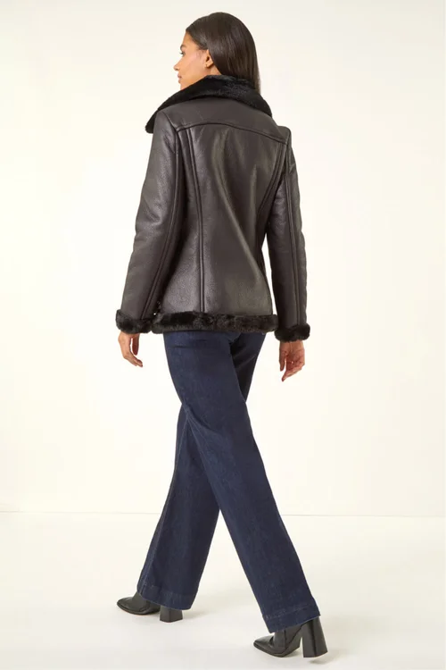 Roman Black Faux Fur Aviator Jacket - 16 Image 3