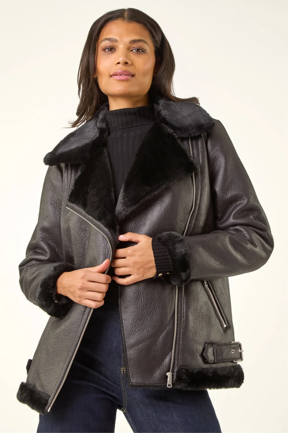 Roman Black Faux Fur Aviator Jacket - 16 Image 1