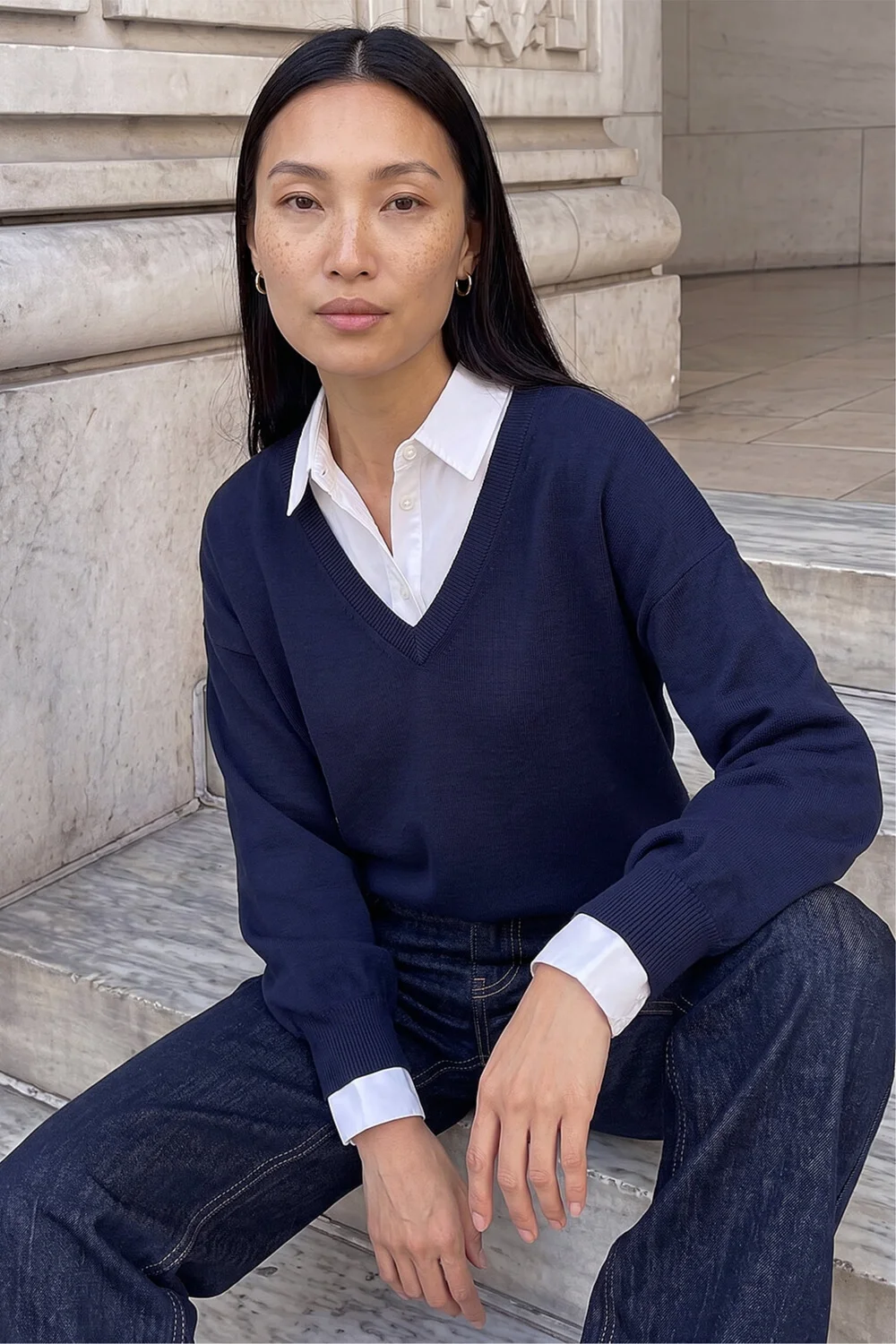 Roman Navy Plain Stretch V-Neck Longline Jumper - 16 Image 1