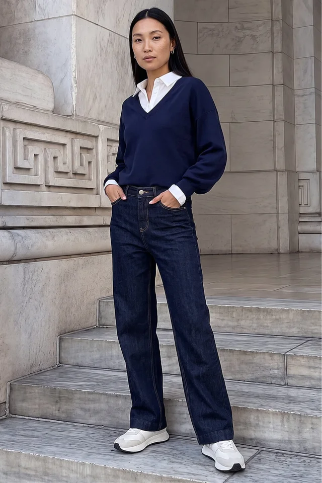 Roman Navy Plain Stretch V-Neck Longline Jumper