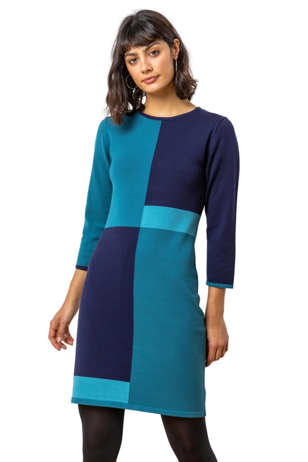 Roman Blue Colour Block Knitted Dress - Size 14 Image 1