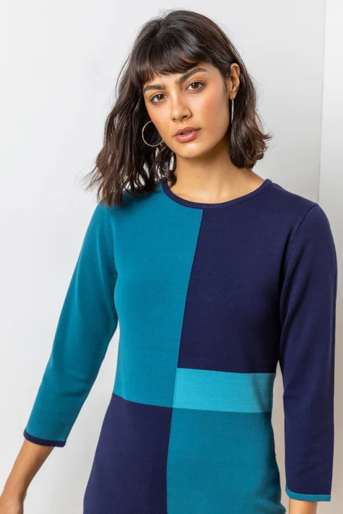 Roman Blue Colour Block Knitted Dress - Size 14 Image 4