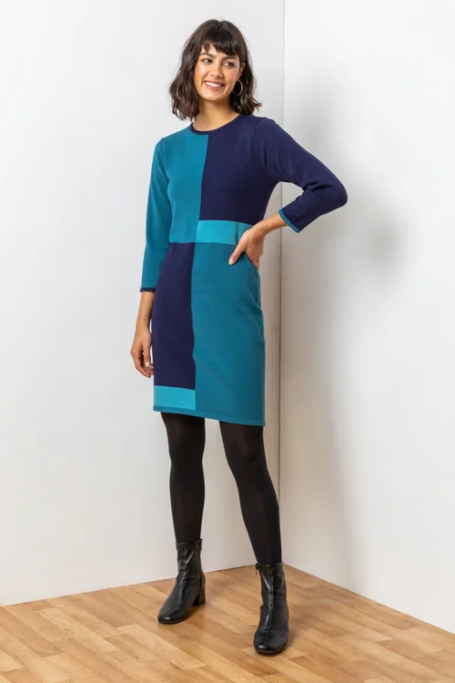Roman Blue Colour Block Knitted Dress - Size 14 Image 3