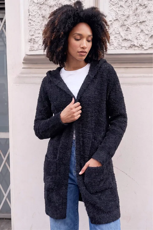 Roman Black Fluffy Hooded Cardigan - 16 Image 1