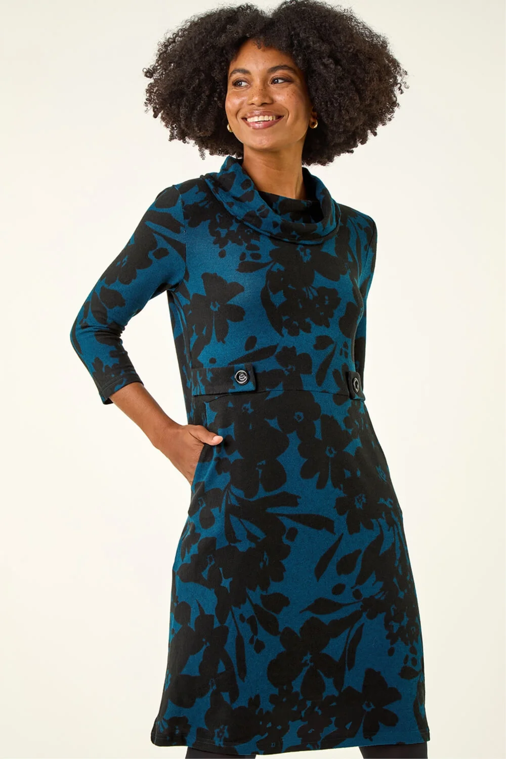 Roman Teal Floral Print Cowl Neck Dress - 18 Image 4