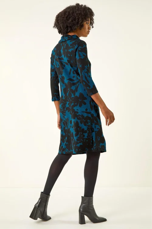 Roman Teal Floral Print Cowl Neck Dress - 18 Image 3