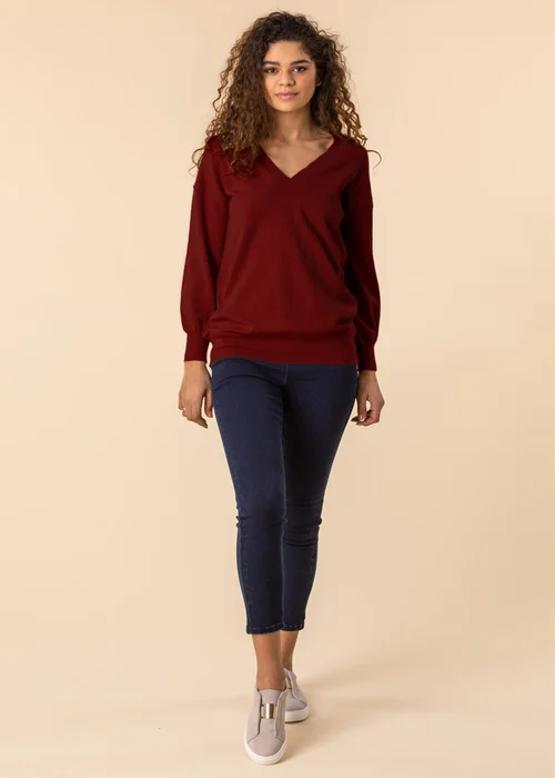 Roman Red Plain V-Neck Stretch Longline Jumper - Size 14 Image 4