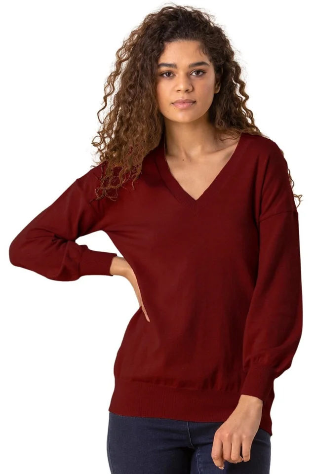Roman Red Plain V-Neck Stretch Longline Jumper