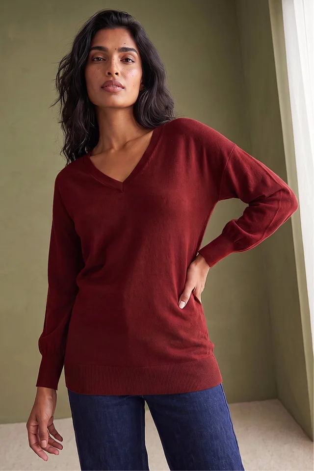 Roman Red Plain V-Neck Stretch Longline Jumper