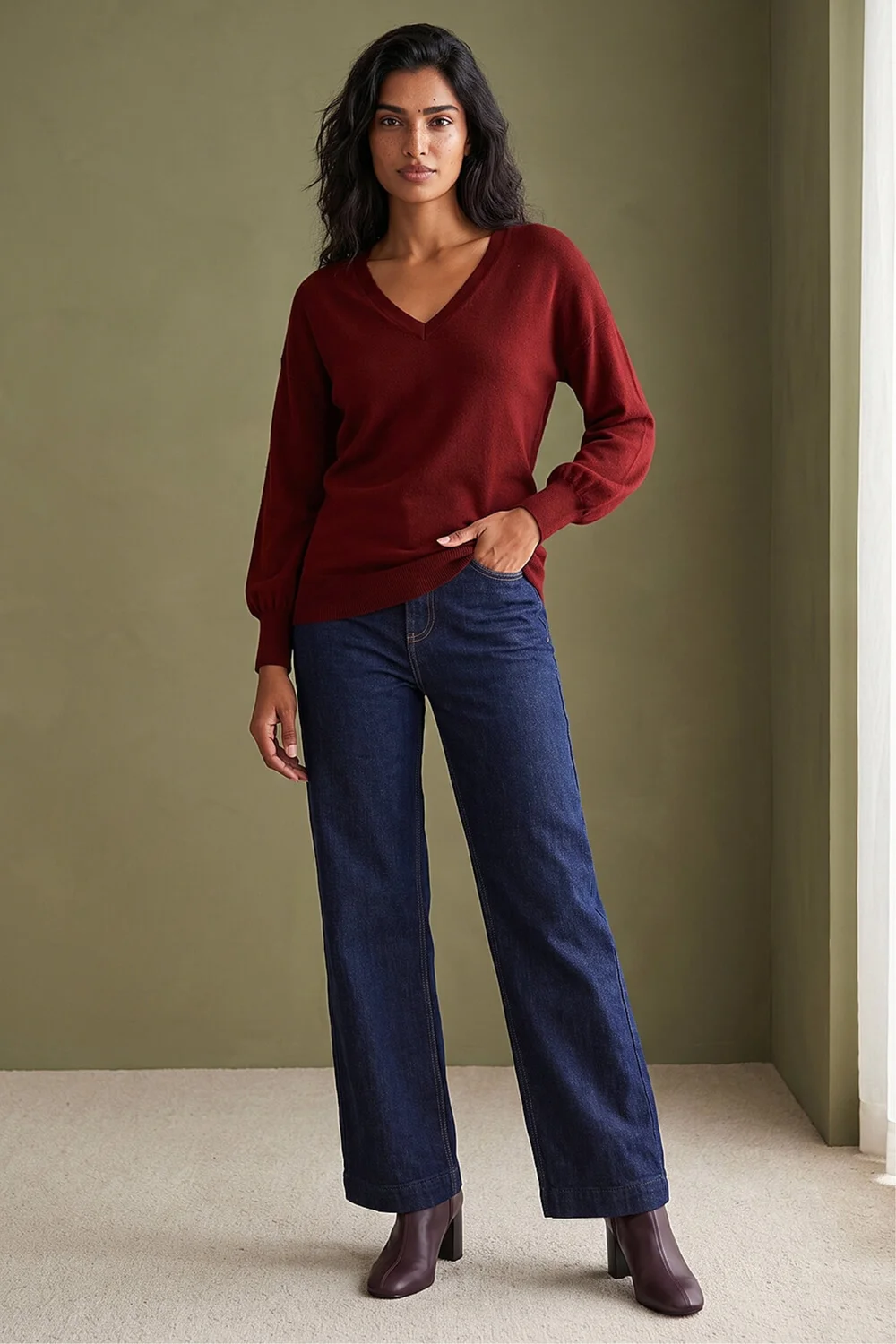 Roman Red Plain V-Neck Stretch Longline Jumper - 10 Image 2