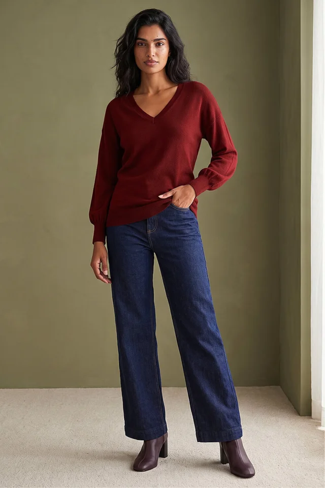 Roman Red Plain V-Neck Stretch Longline Jumper