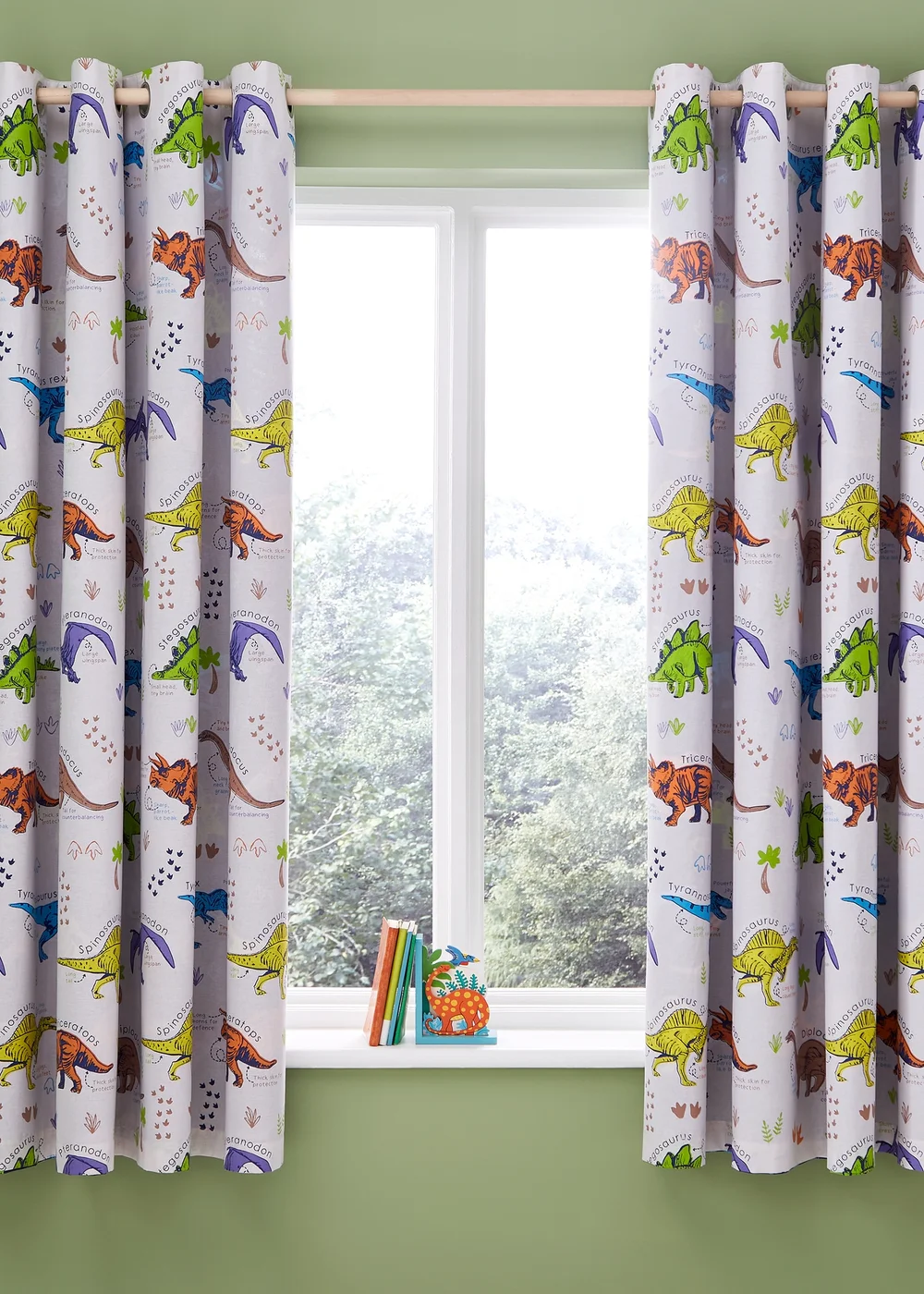 Catherine Lansfield Prehistoric Dinosaurs Fully Reversible Curtains Natural/Blue - 66W X 72D (168x183cm) Image 1