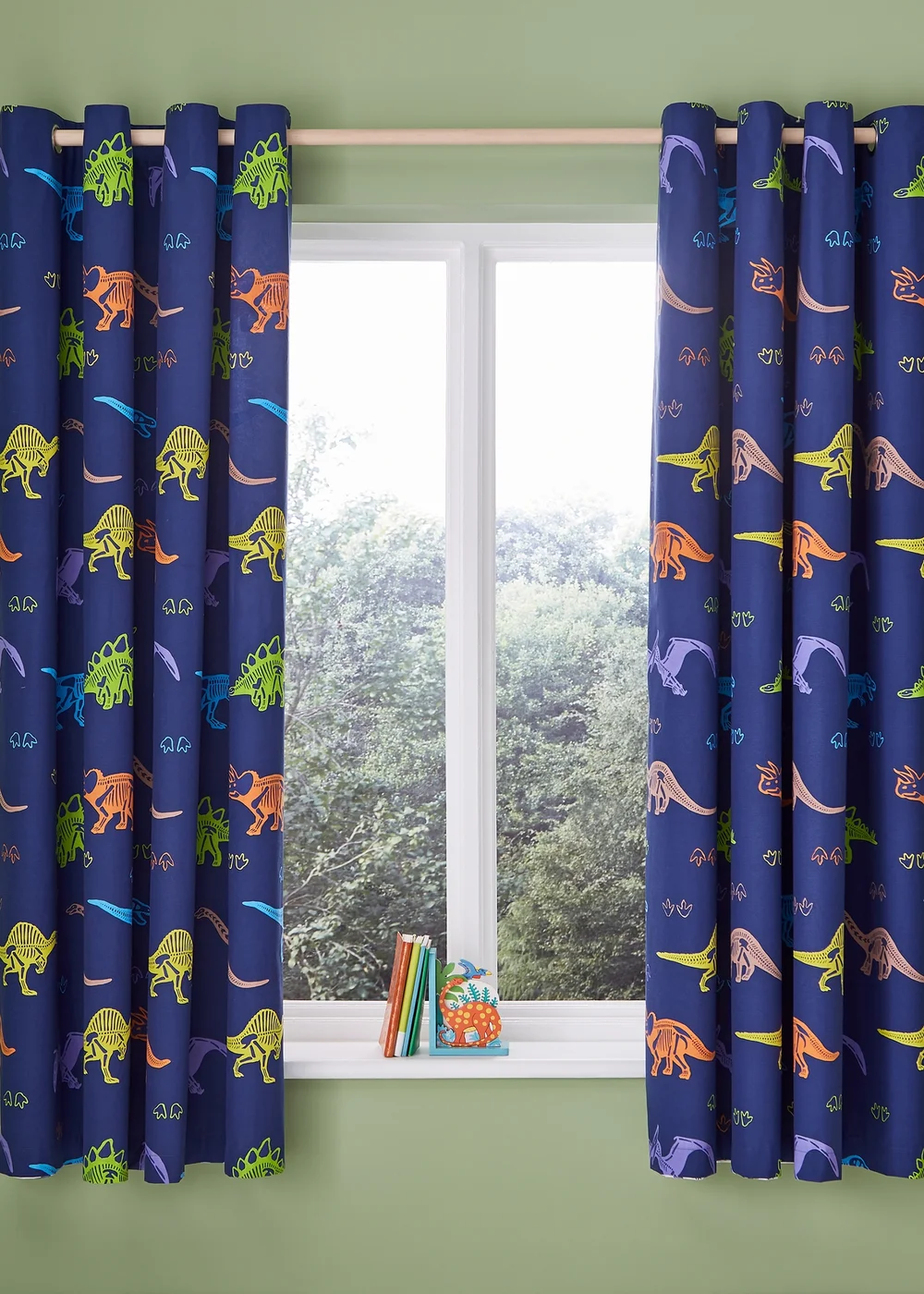 Catherine Lansfield Prehistoric Dinosaurs Fully Reversible Curtains Natural/Blue - 66W X 72D (168x183cm) Image 2