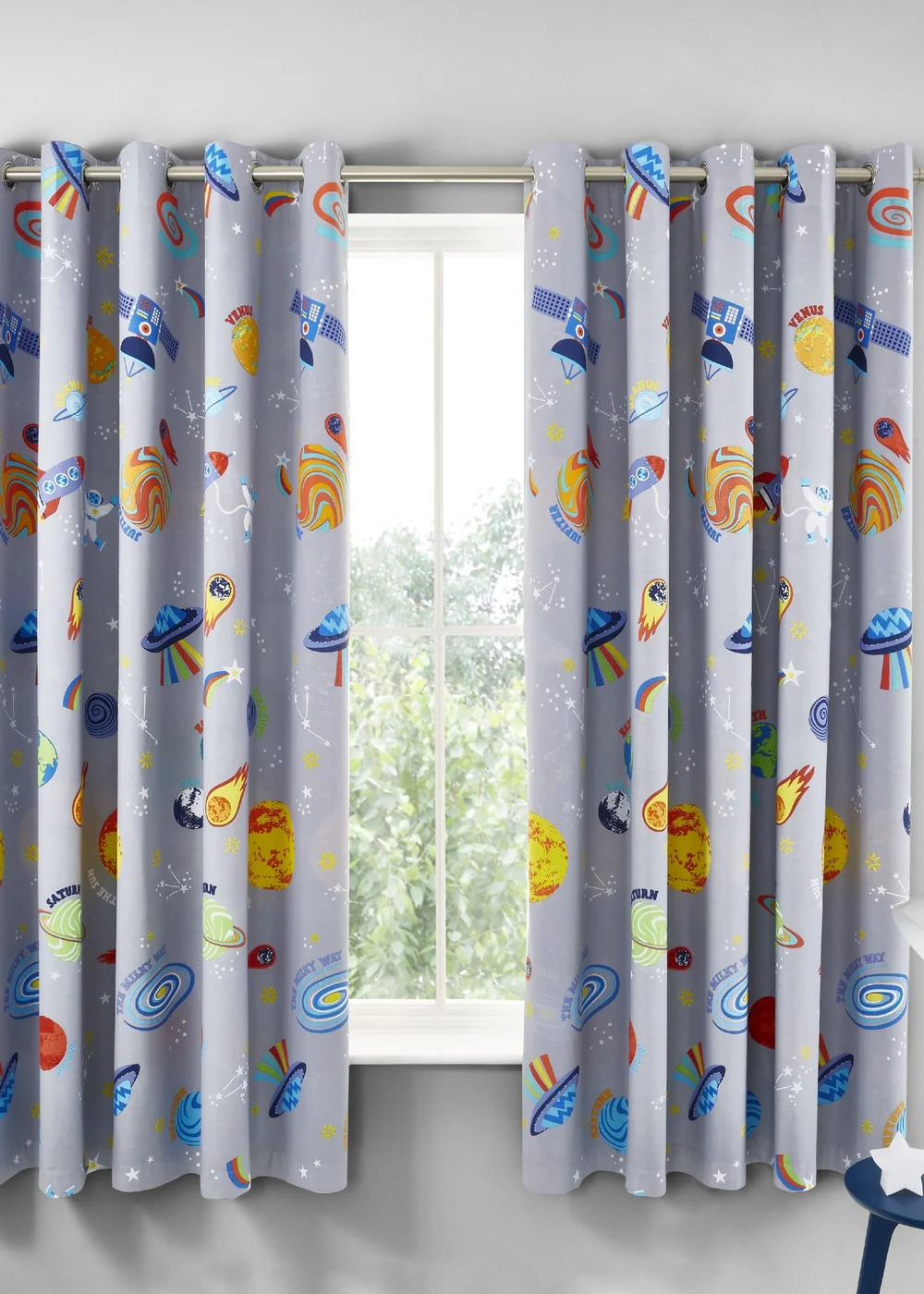 Catherine Lansfield Lost In Space Fully Reversible Curtains Grey/Blue - 66W X 72D (168x183cm) Image 2