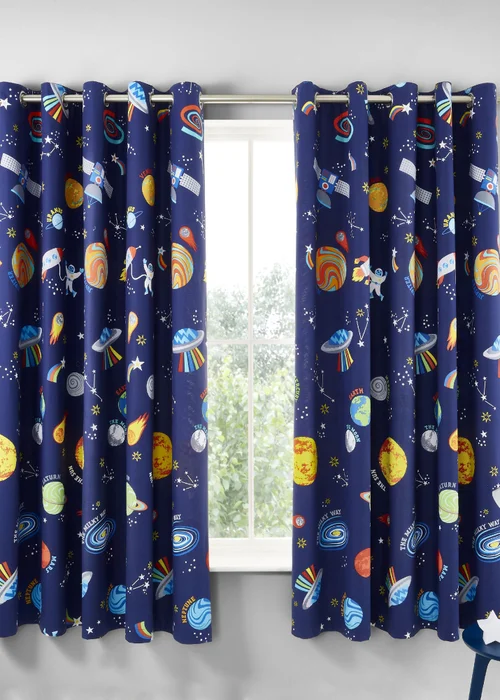 Catherine Lansfield Lost In Space Fully Reversible Curtains Grey/Blue - 66W X 72D (168x183cm) Image 1