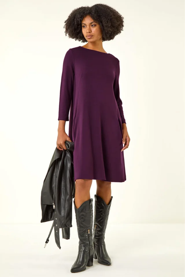Roman Purple A-Line Pocket Detail Stretch Swing Dress