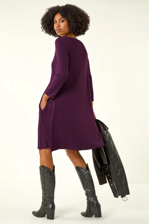 Roman Purple A-Line Pocket Detail Stretch Swing Dress - 20 Image 3