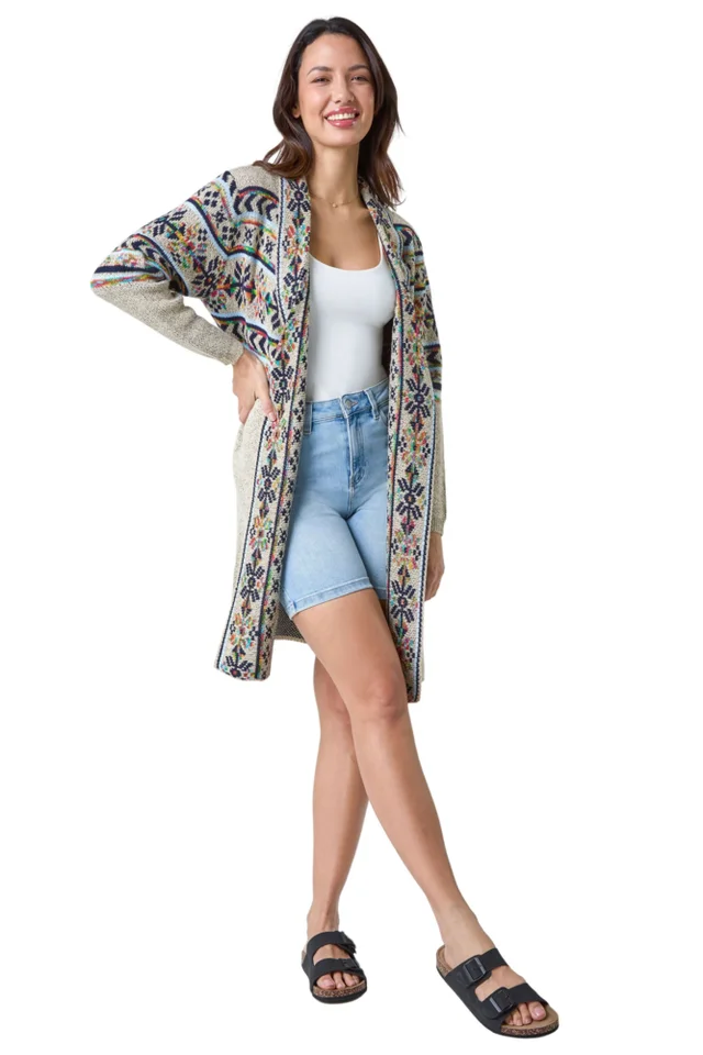Roman Natural Nordic Patterned Longline Cardigan