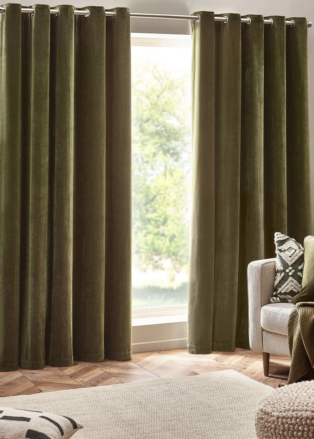 Yard Heavy Chenille Velvet Eyelet Curtains Olive - 90W X 54D Image 2