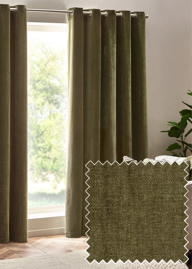 Yard Heavy Chenille Velvet Eyelet Curtains Olive