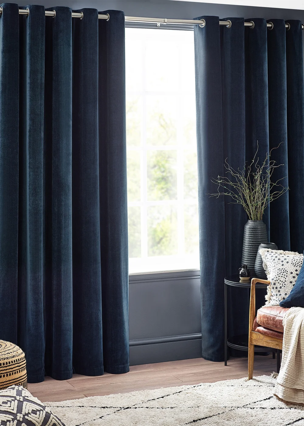 Yard Heavy Chenille Velvet Eyelet Curtains Navy - ZAC Image 2