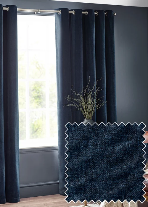 Yard Heavy Chenille Velvet Eyelet Curtains Navy - ZAC Image 1