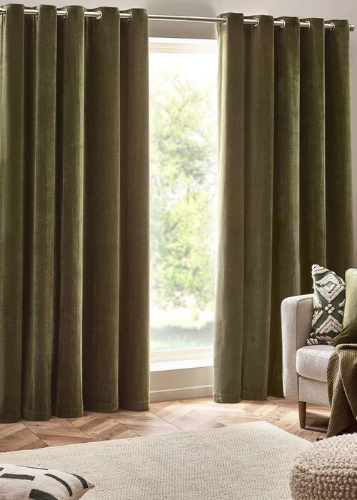 Yard Heavy Chenille Velvet Eyelet Curtains Olive - ZAC Image 2